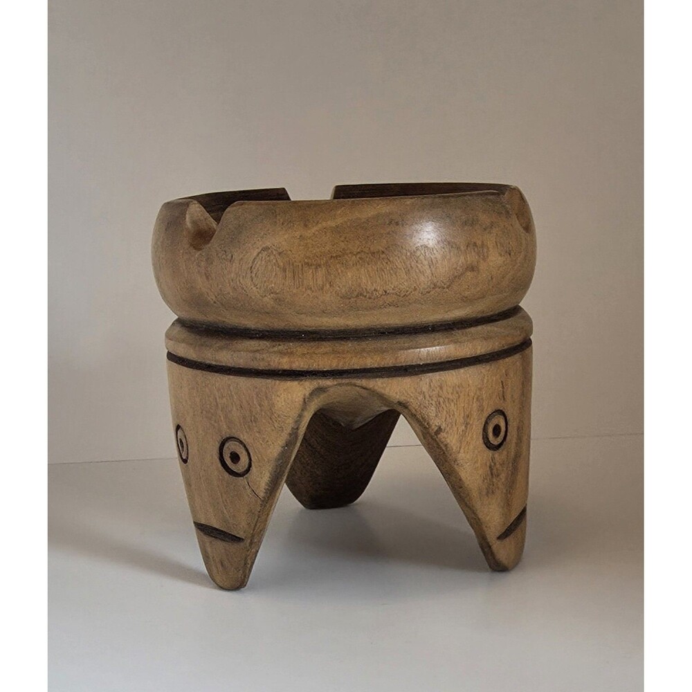Vintage Hand Carved Wooden Ashtray Tribal Face Folk Art Bowl Catchall Decor